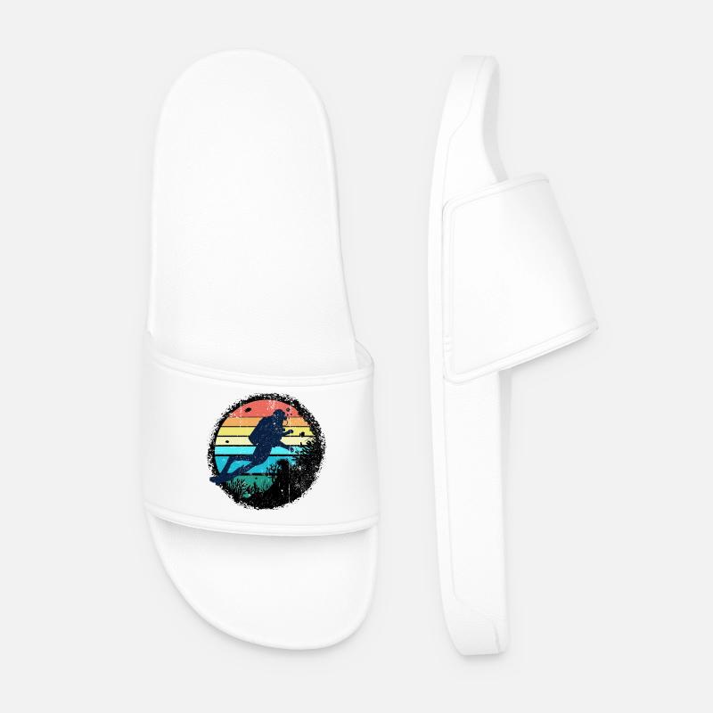 Underwater Diver Silhouette with Rainbow Sunset - Men’s Pool Sliders - white