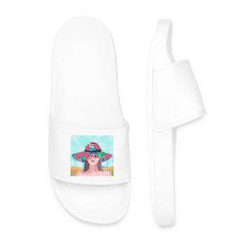 Woman with Psychedelic Colored Hat - Men’s Pool Sliders - white - Front