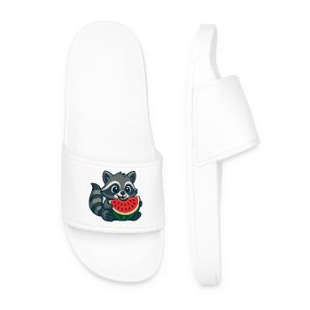Cute raccoon with watermelon summer cartoon - Men’s Pool Sliders - white - Front