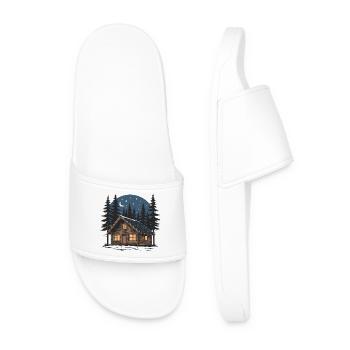 Wooden cabin under night starry sky - Men’s Pool Sliders - white - Front
