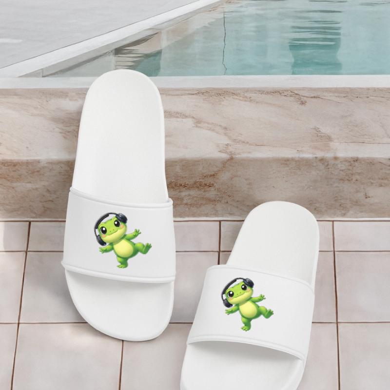 Cute frog toad toad with headphones dancing tech Men’s Pool Sliders