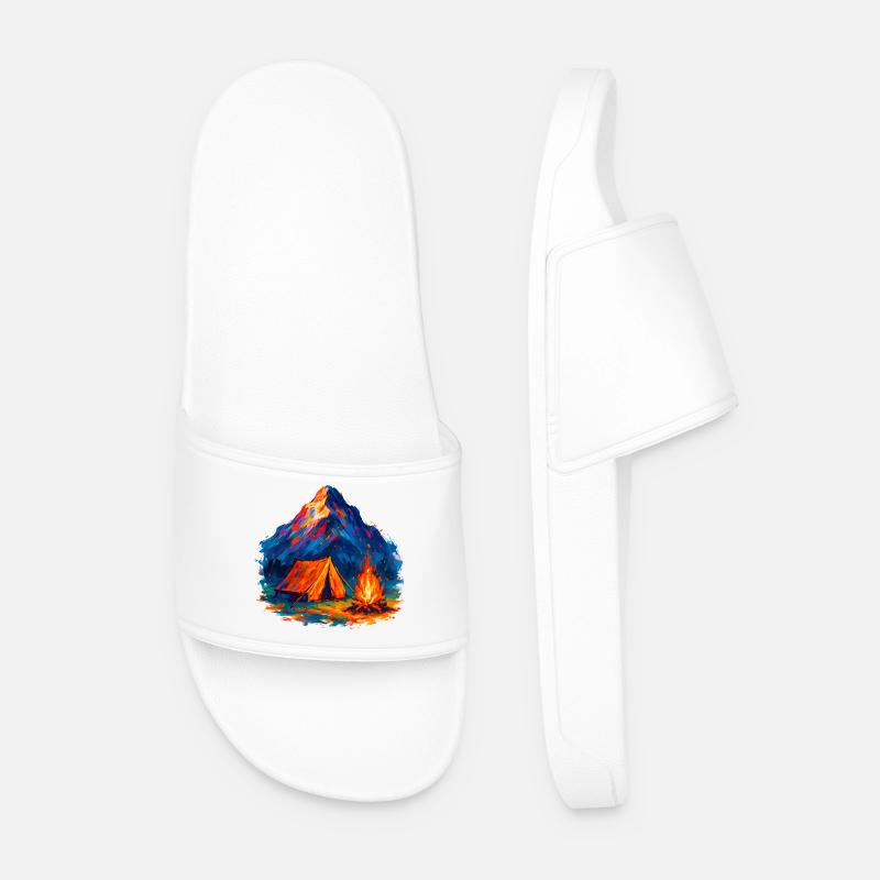 Colored mountain camping tent by the fire - Men’s Pool Sliders - white