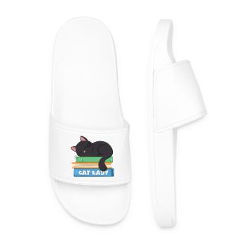 Cat lady sleeping black cat on books - Men’s Pool Sliders - white - Front
