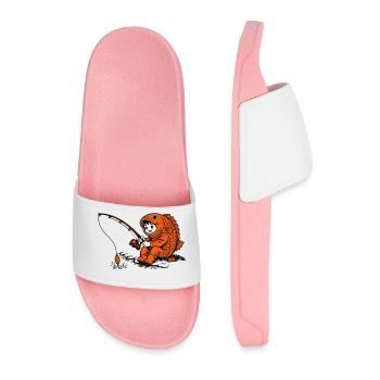 Boy in fish costume fishing - Men’s Pool Sliders - light pink - Front