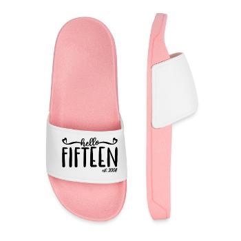 15th Birthday Women Hello Fifteen Est. 2008 - Men’s Pool Sliders - light pink - Front