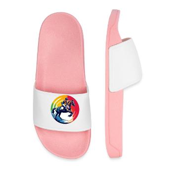 Regenbogen Springpferd Pferd Springreiten Motiv - Männer Badelatschen - Hellrosa - Vorne
