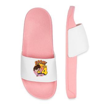 Boom I'm 4 | Birthday Girl | 4th Birthday Party - Men’s Pool Sliders - light pink - Front