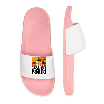 John 3:16 3 Cross With Sunset - Christian Quote - Men’s Pool Sliders - light pink - Front