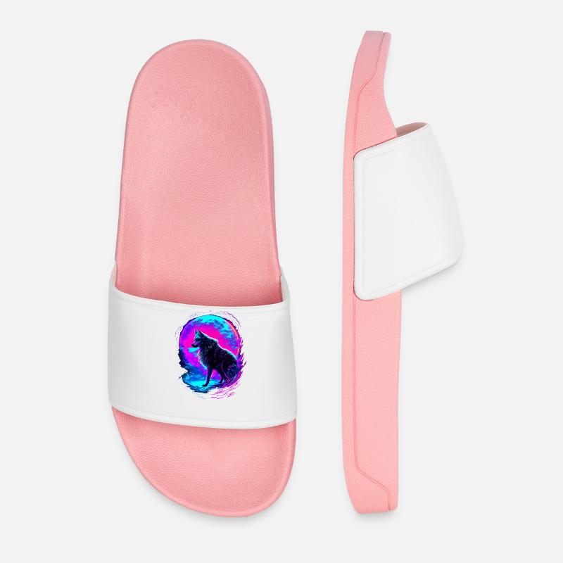 Wolf Neon Moon Synthwave - Men’s Pool Sliders - light pink