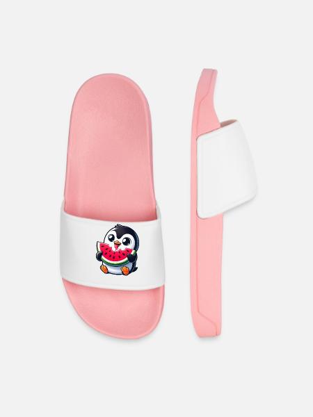 Penguin with Watermelon Cartoon - Men’s Pool Sliders - light pink