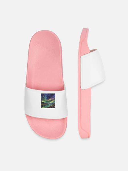 Northern Lights over the Tranquil Lake - Men’s Pool Sliders - light pink