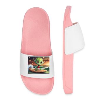 cute little green retro vintage alien surfing - Men’s Pool Sliders - light pink - Front