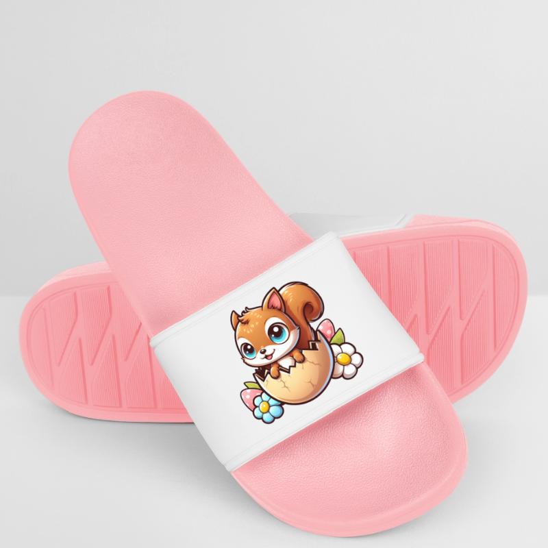 Cute Squirrel with Easter Egg Comic Design Men’s Pool Sliders