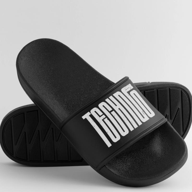 Techno Bold Retro Typography Men’s Pool Sliders