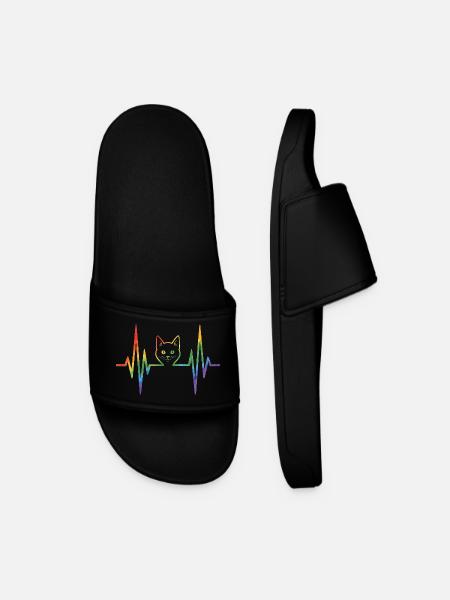 Rainbow cat with pulse heart line - Men’s Pool Sliders - black