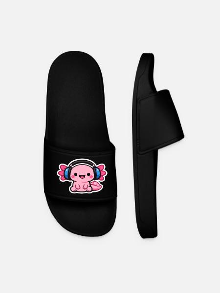 Cuddly Headphone Dragon axolotl - Men’s Pool Sliders - black
