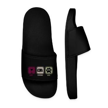 Camping dog and wine - Men’s Pool Sliders - black - Front