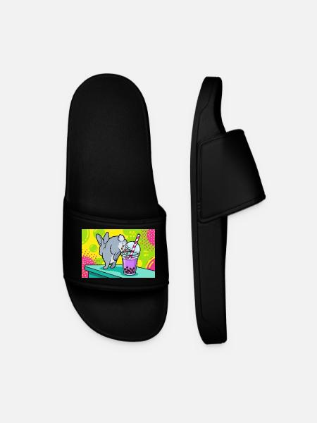 Cute Bunny Funny Boba Bubble Tea - Men’s Pool Sliders - black