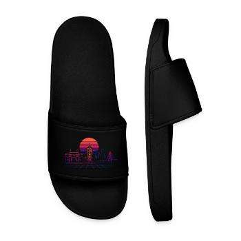 Neon Synthwave City Skyline - Mumbai - Men’s Pool Sliders - black - Front