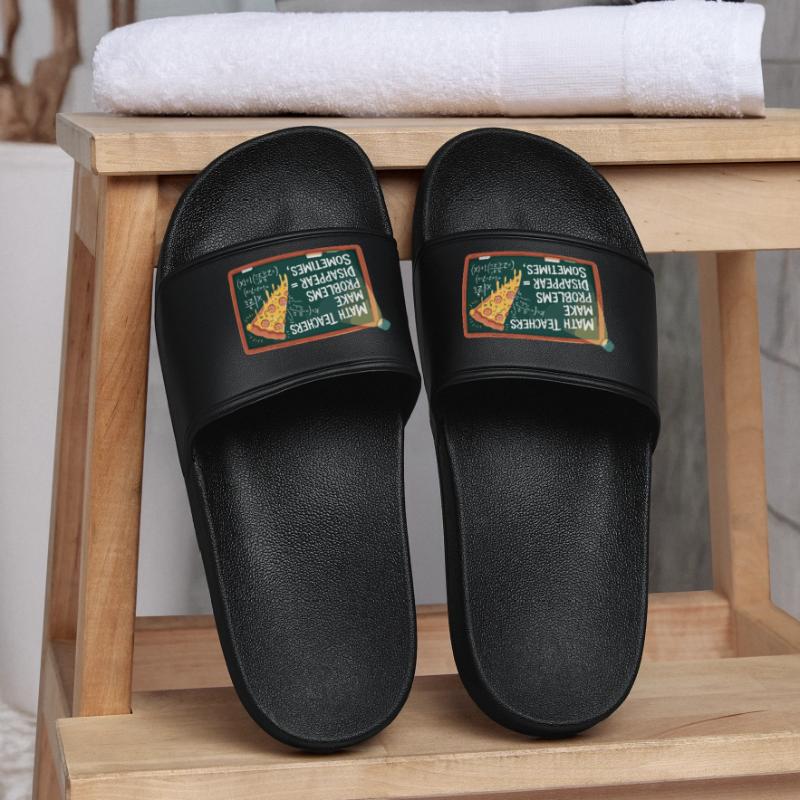 Funny Math Teacher Design Pizza & Problem Solving Men’s Pool Sliders