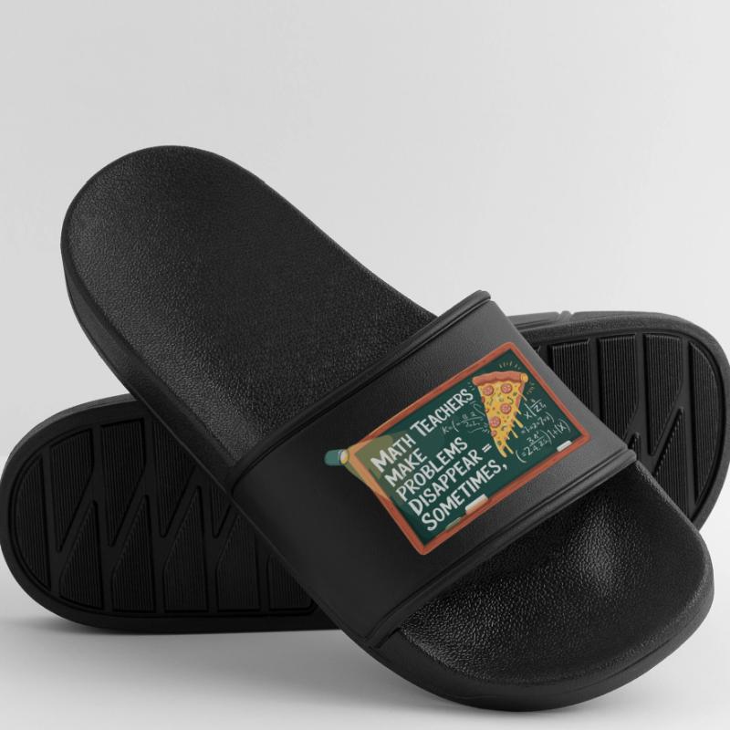 Funny Math Teacher Design Pizza & Problem Solving Men’s Pool Sliders