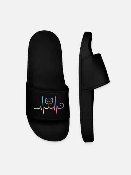 Cat ECG Heartbeat Rainbow Motif - Men’s Pool Sliders - black