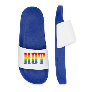 Rainbow text Hot LGBT lgbtqi queer - Men’s Pool Sliders - royal blue - Front