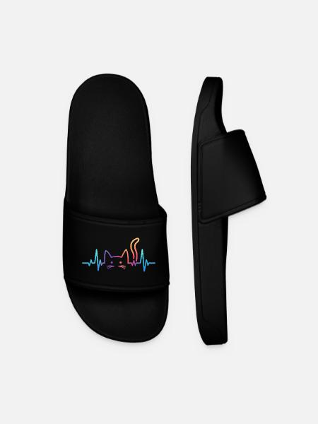 Cat ECG Heartbeat Rainbow Motif - Men’s Pool Sliders - black