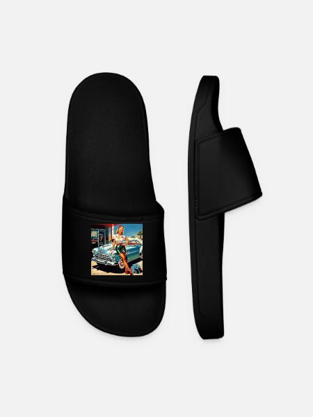 Retro Pinup am Oldtimer - Männer Badelatschen - Schwarz
