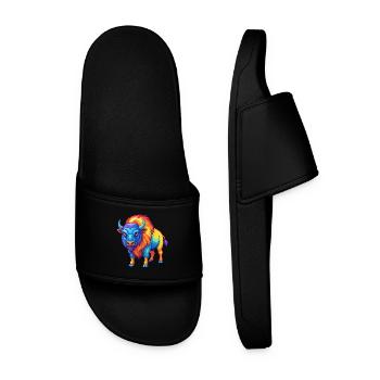 Buffalo Colorful Kawaii Cartoon Character Clipart - Men’s Pool Sliders - black - Front