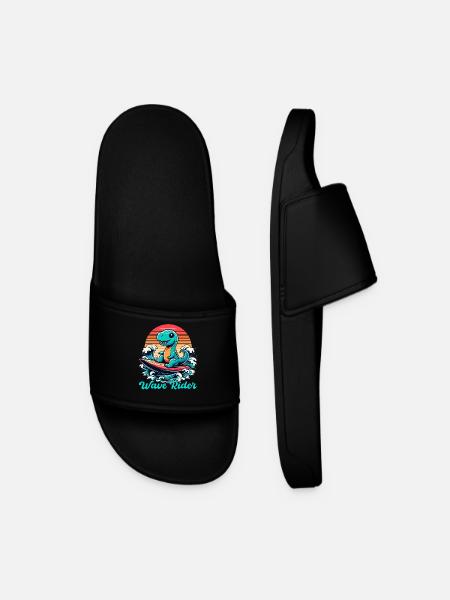 Cute T-Rex Surfer Surfing Gift - Men’s Pool Sliders - black