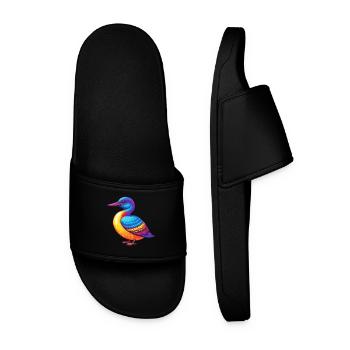 Common Loon Colorful Kawaii Cartoon Character Bird - Men’s Pool Sliders - black - Front