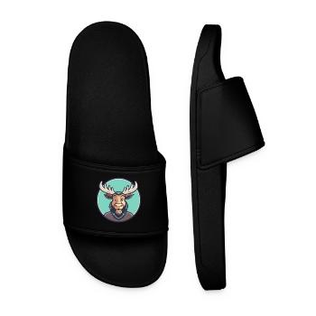 Moose Kawaii Cartoon Character Animal Pet Face - Men’s Pool Sliders - black - Front