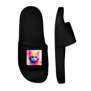 Vibrant Rainbow Cat Artwork - Men’s Pool Sliders - black - Front