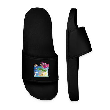 sun, island, airplane, palm trees, hot air balloon - Men’s Pool Sliders - black - Front