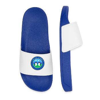 Penguins propose with pebbles - Men’s Pool Sliders - royal blue - Front