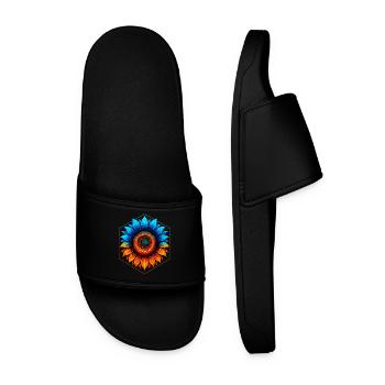 Sonnenblumenblau und -gold, leuchtendes Orange - Männer Badelatschen - Schwarz - Vorne