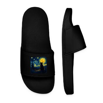 Cat Starry Funny Night Cat Lover Van Gogh Cat Mom - Men’s Pool Sliders - black - Front