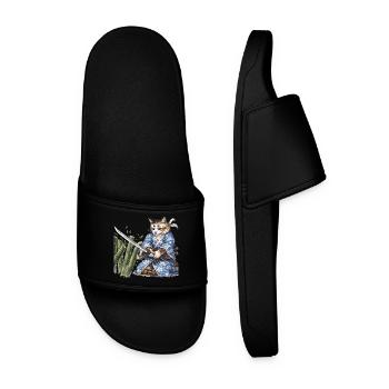 Samurai Cat with Katana – Japanese Ukiyo-e Style - Men’s Pool Sliders - black - Front