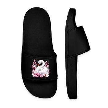 White Swan with Cherry Blossoms - Men’s Pool Sliders - black - Front