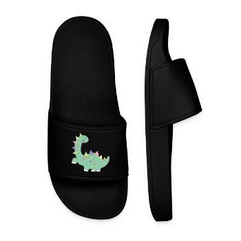 little green dinosaur with colorful dots - Men’s Pool Sliders - black - Front