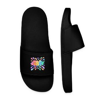 Sunny Rainbow Typography Bubble Splatter - Men’s Pool Sliders - black - Front