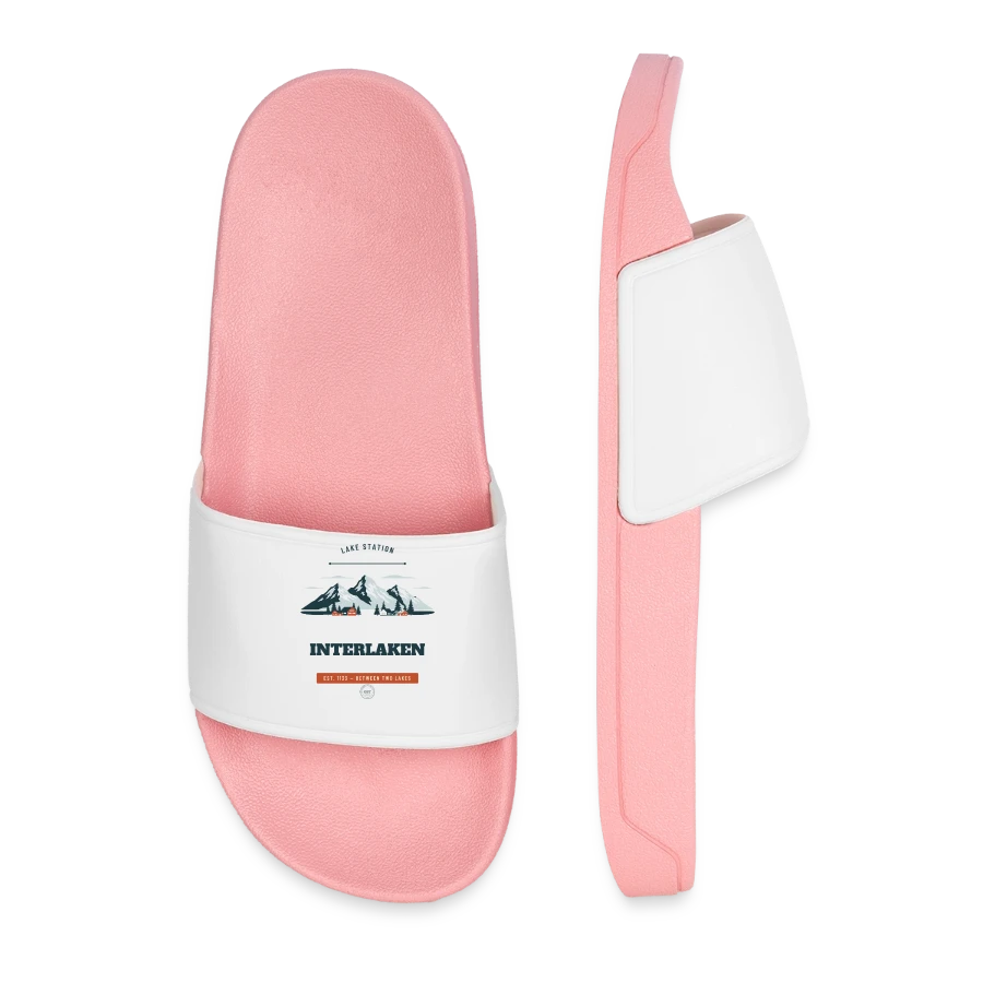 Interlaken badge on a men’s pool sliders, light pink