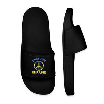 Pray for Ukraine peace symbol in blue and yellow - Men’s Pool Sliders - black - Front