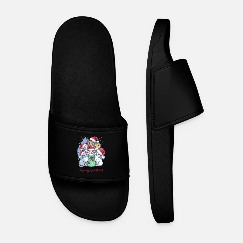 Festive Cat Christmas Crew Design - Men’s Pool Sliders - black