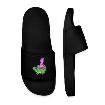 1 Year Old - School Enrollment - Iguana Motif - Number 1 - Men’s Pool Sliders - black - Front