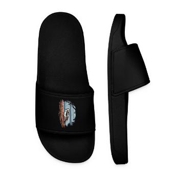 Great spotted woodpecker in the mystical forest - Men’s Pool Sliders - black - Front