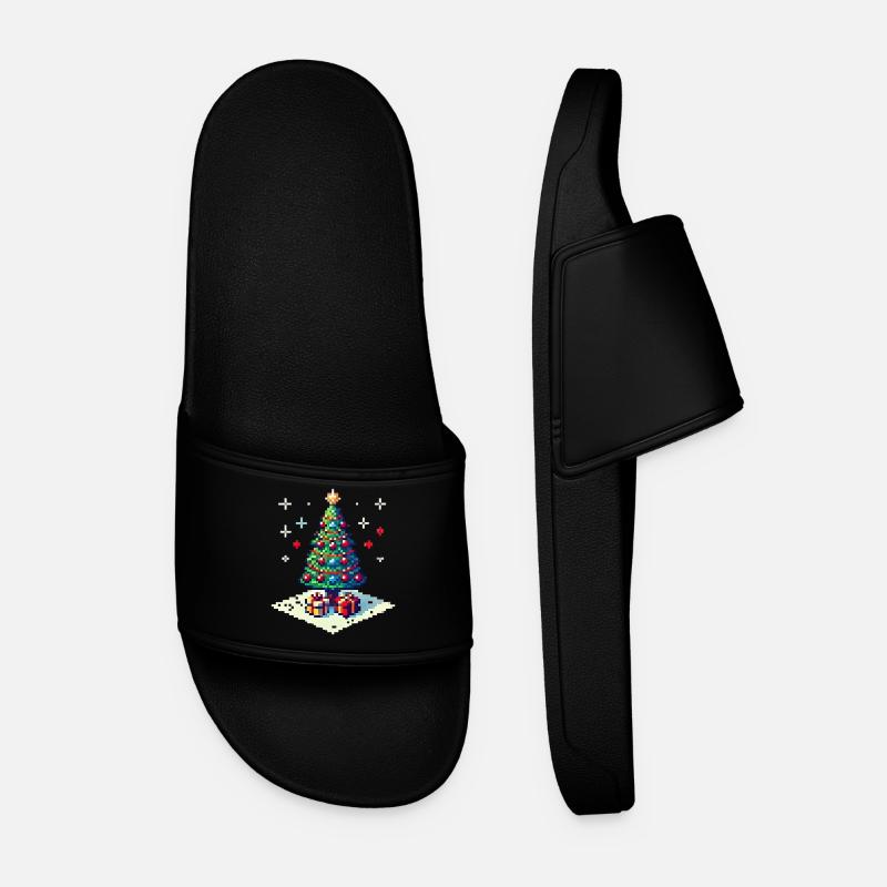 8 Bit Christmas Tree - Men’s Pool Sliders - black