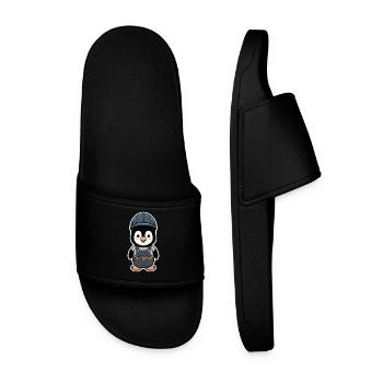 Penguin with construction worker helmet and dungarees - Men’s Pool Sliders - black - Front