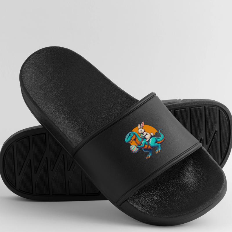 Easter Bunny Riding Dinosaur with Easter Egg Men’s Pool Sliders